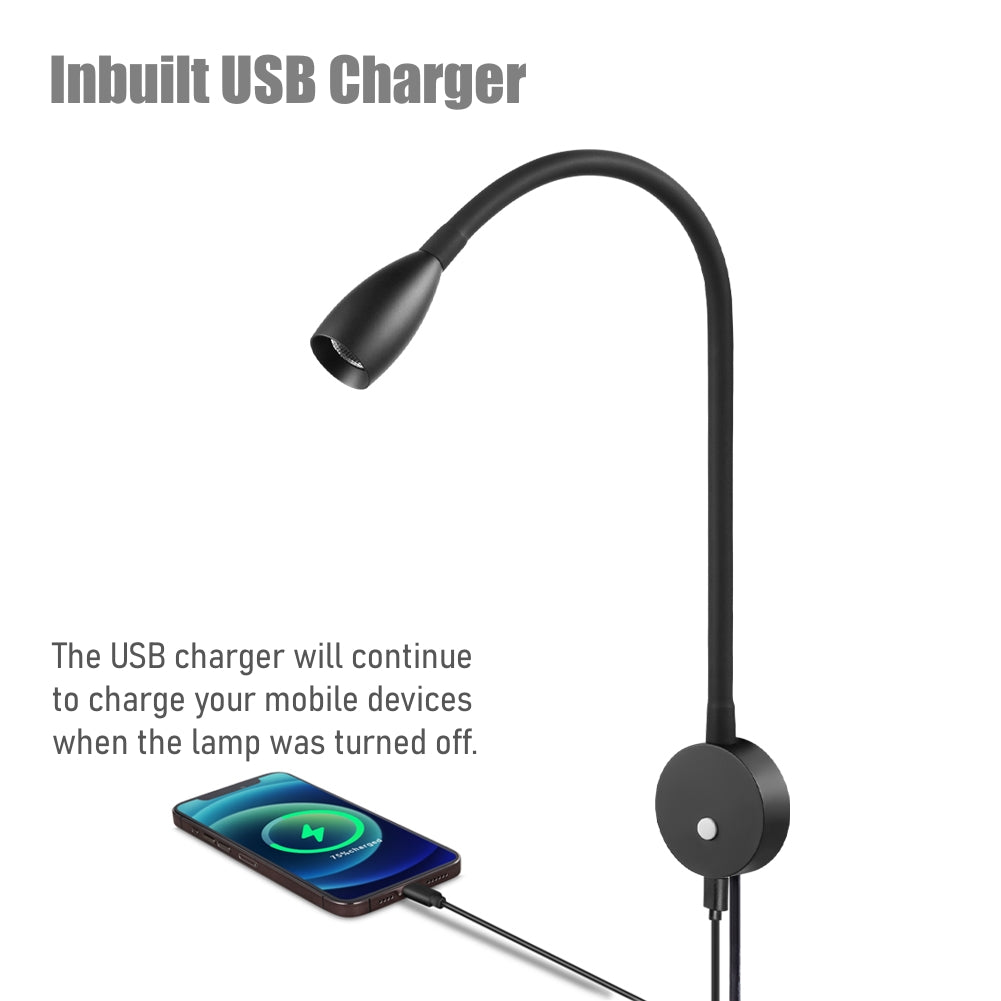 Bedside LED Reading Light Flexible Gooseneck Wall Lamp with USB Charger, Headboard Wall Surface Mount Dimmable Book Light, with Plug-in Power Adapter