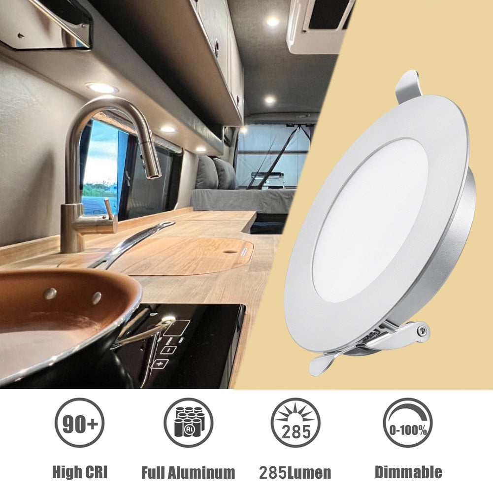 RV Recessed LED Ceiling Light 12V Overhead LED Puck Light for Camper Van Travel Trailer Truck Boat Interior Lighting 3-1/4 Inch Flush Mount Full Aluminum CRI 90+ Silver