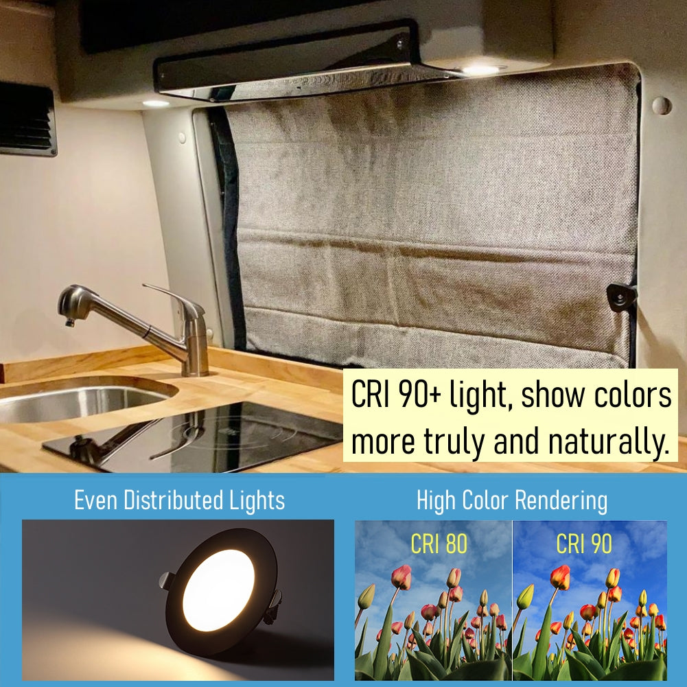 RV Boat LED Puck Light, 12V Recessed Ceiling Light Under Cabinet Light with Press Dimmer, Dimmable White Light & Blue Nightlight, 3-1/4” Full Aluminum Flush Mount 4-Pack