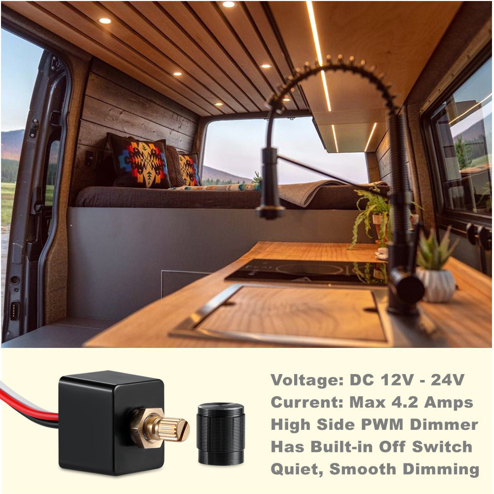 12V Dimmer Switch, RV Light High Side PWM Dimming Switch for Boat Camper Trailer Van Truck Cars, Works with LED Light Fixture, Halogen, Incandescent, Strip Lights
