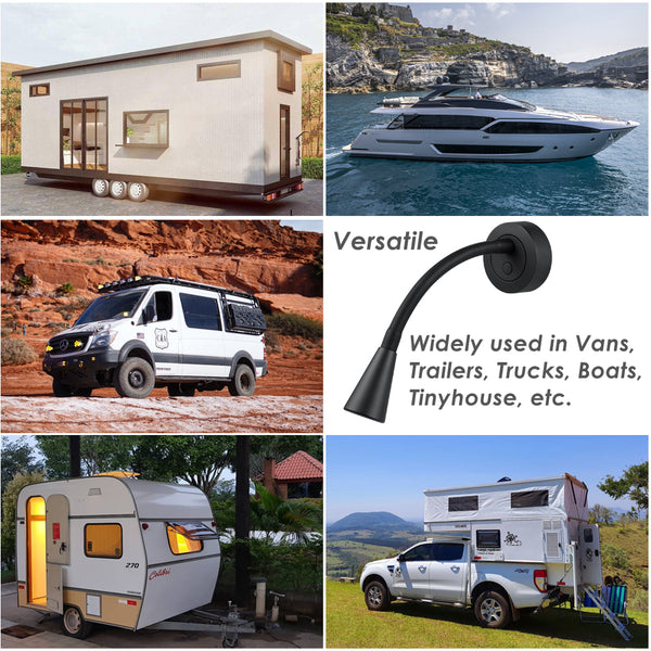 Acegoo 12V LED Reading Light RV Dimmable Reading Lamp with USB Charger 12 Volt Flexible Goosneck Light for Boat Camper Van Travel Trailer Truck Cars Interior Lighting, Hard-wired Surface Mount