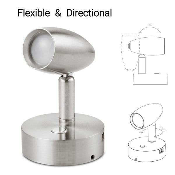 12V LED Reading Light, Dimmable RV Boat Bedside Seat Swivel Spotlight with White / Red Dual Lighting Mode & USB Charger, DC12-24V